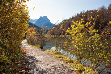 beautiful lake Riessersee, view to Waxenstein mountains, upper bavaria