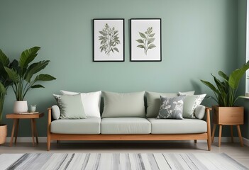 A modern living room with a light green wall, a wooden sofa with white and gray cushions, and two framed botanical prints on the wall.