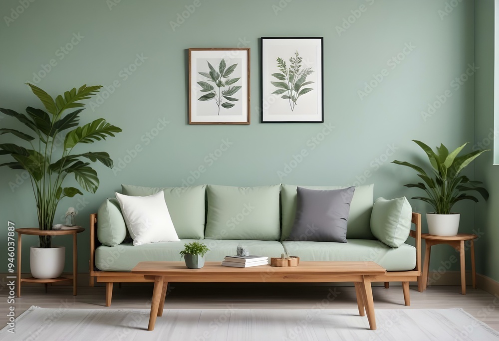 Wall mural a modern living room with a light green wall, a wooden sofa with white and gray cushions, and two fr