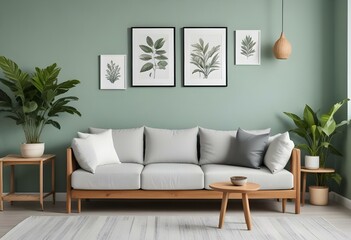 A modern living room with a light green wall, a wooden sofa with white and gray cushions, and two framed botanical prints on the wall.