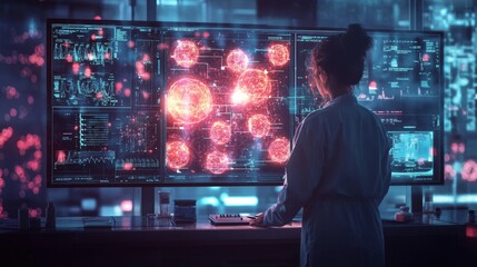 Scientist analyzing digital data on glowing computer screen with red orbs