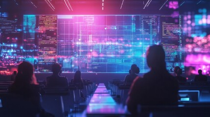 Silhouettes of People Watching Digital Code on a Screen