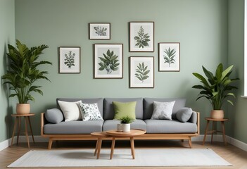 A modern living room with a light green wall, a wooden sofa with white and gray cushions, and two framed botanical prints on the wall.