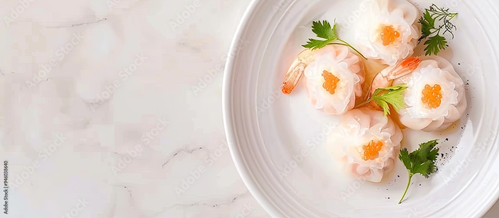 Poster shrimp chicken dim sum on a white plate on the table focused selective top view. copy space image. p