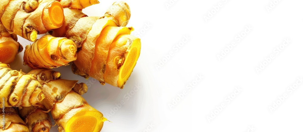 Poster close up of a bunch of fresh whole and sliced turmeric isolated on a white background. copy space im