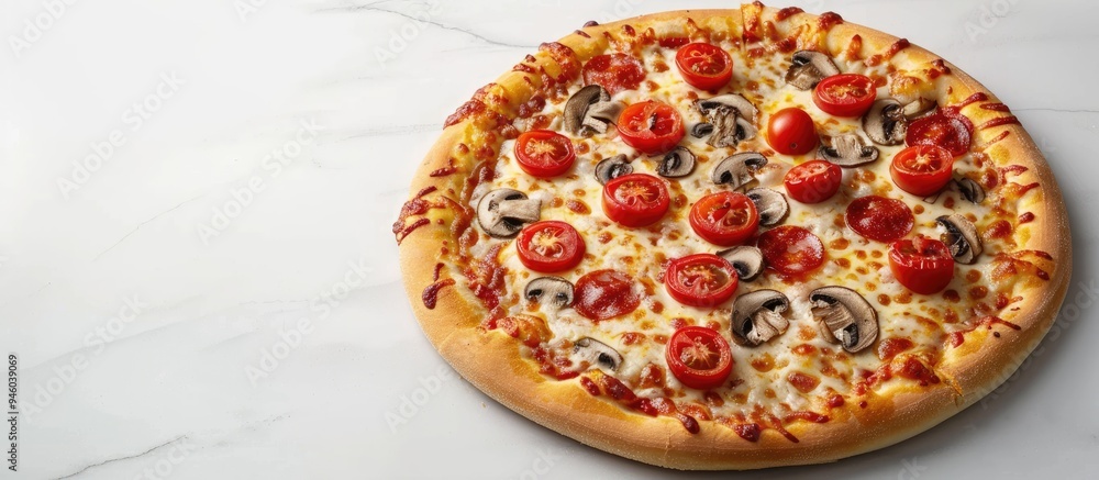 Poster It s a mushroom cheese pizza topped with cherry tomatoes. Copy space image. Place for adding text and design