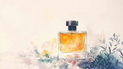Perfume with woody undertones, gentle mist, watercolor style