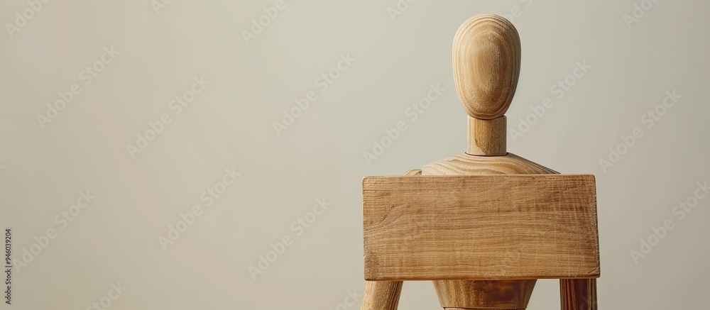 Poster wooden mannequin with empty placard on a light background. copy space image. place for adding text a