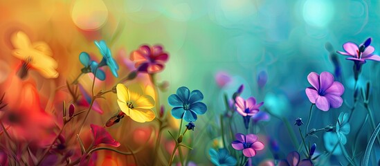 Vibrant flowers outside in yellow blue violet red and green Artistic abstract background with selective focus. Copy space image. Place for adding text and design