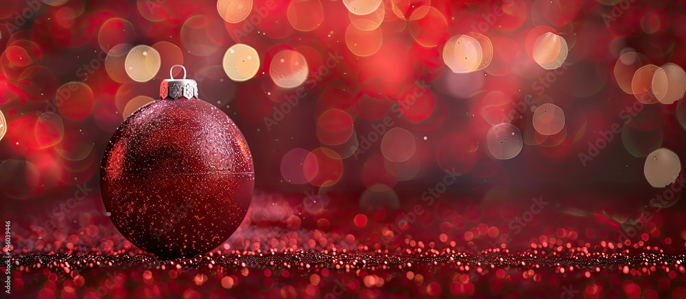 Poster red christmas bauble on a bokeh background. copy space image. place for adding text and design