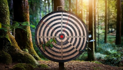Round target in the forest, aged dartboard in the jungle, Generative AI