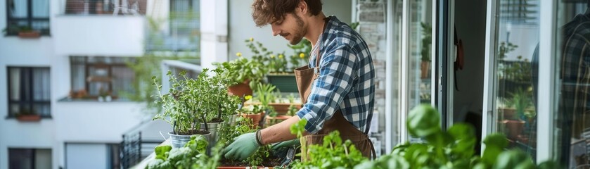 Urban gardener on balcony, integrating green space into city lifestyle