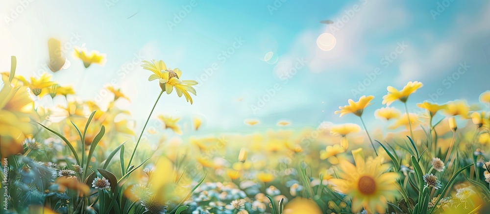 Poster lovely yellow asteraceae flowers in a meadow. copy space image. place for adding text and design