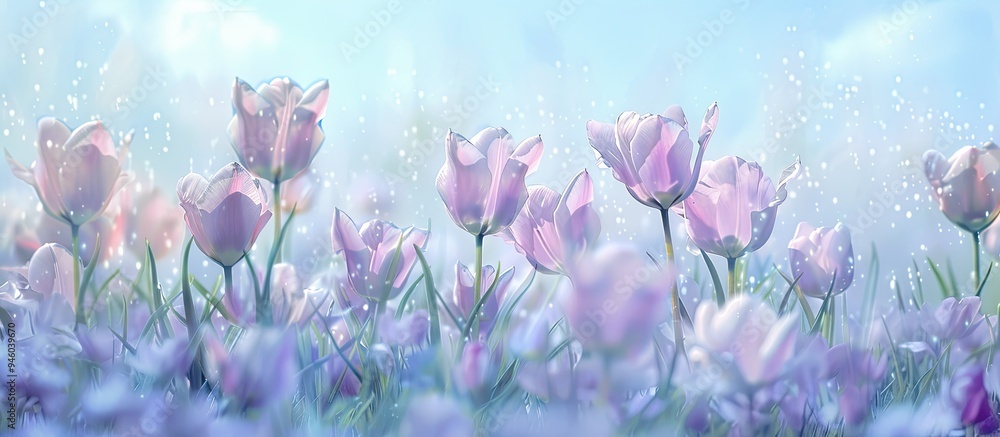 Poster tulips tulipa bakeri lilac wonder blooming in a spring meadow. copy space image. place for adding te