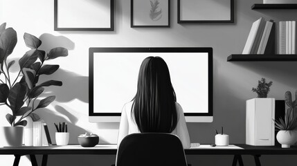 Woman Working on Computer in Home Office with Black and White Aesthetic