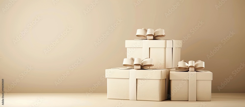 Poster create empty gift boxes on a horizontal beige copy space background