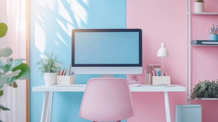 Modern Home Office Desk with Pink and Blue Walls and Computer