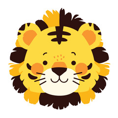A cute cartoon lion head with simple flat illustration style for vector graphic logo design isolated on a white background