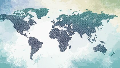 Vector Illustrated map of the world with a textured background and watercolor spots. Grunge background.