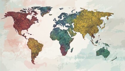 Vector Illustrated map of the world with a textured background and watercolor spots. Grunge background.