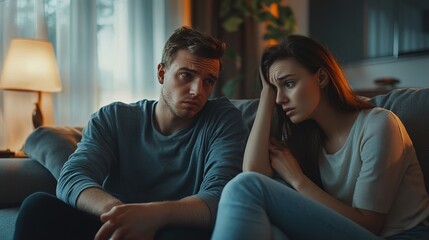 Sad man asking sorry to upset woman both sitting on the sofa at home. Discussion between man and woman about jealousy and relationship problems. copy space for text.