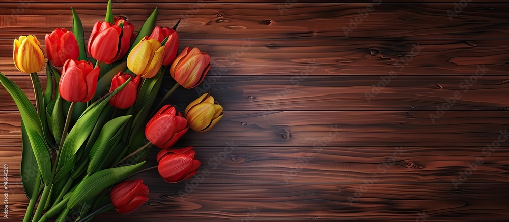 Poster beautiful tulips with room for text on a wooden background viewed from above spring blooms. copy spa