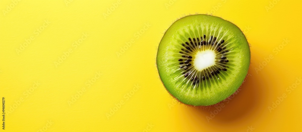 Poster half of a kiwi fruit on a yellow background top view tropical fruit. copy space image. place for add