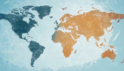 Vector Illustrated map of the world with a textured background and watercolor spots. Grunge background.