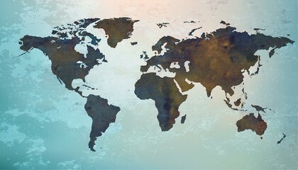 Vector Illustrated map of the world with a textured background and watercolor spots. Grunge background.