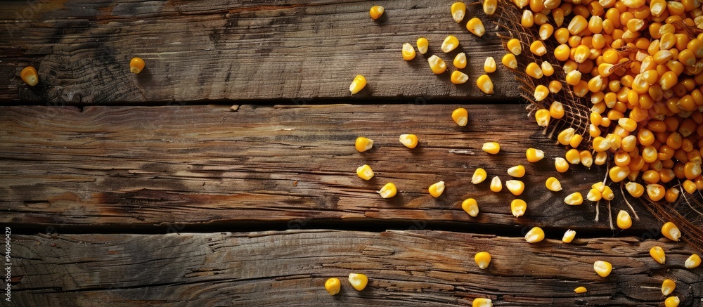 Poster split corn on a wooden background top view with copy space