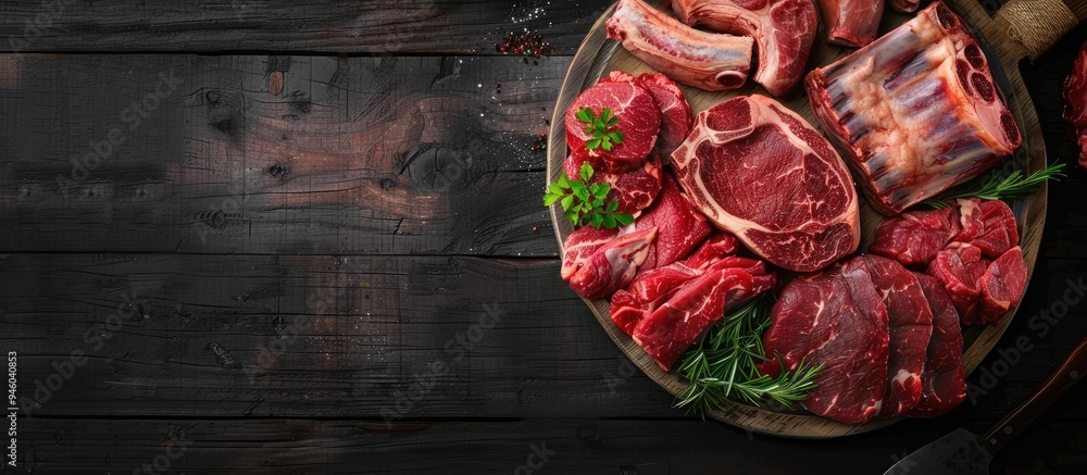 Poster raw meat beef and pork cuts on a wooden platter. copy space image. place for adding text and design