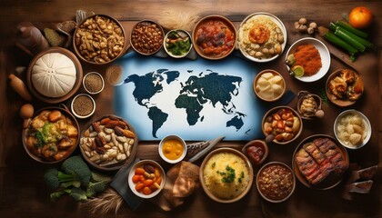 Table with a world map in the center and various foods around, concept of food from different countries, Generative AI