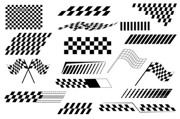 Set of sports racing stripes in flat cartoon design. An artistic arrangement showcasing various checkered patterns and racing flags in black and white. Vector illustration.