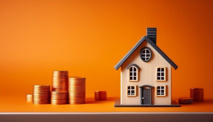 Toy house on orange background, Generative AI