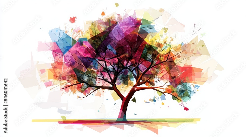 Poster a vibrant, abstract depiction of a tree with colorful splashes representing nature and creativity.