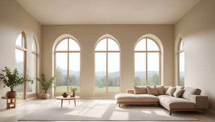 A bright and airy living room with large arched windows overlooking a scenic outdoor landscape.