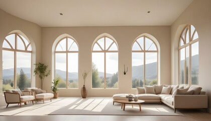 A bright and airy living room with large arched windows overlooking a scenic outdoor landscape.