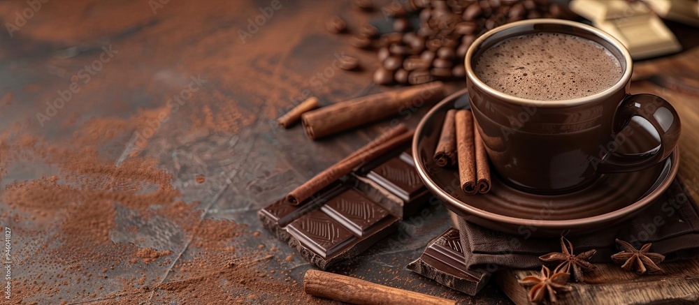 Poster hot espresso with chocolate and cinnamon. copy space image. place for adding text and design
