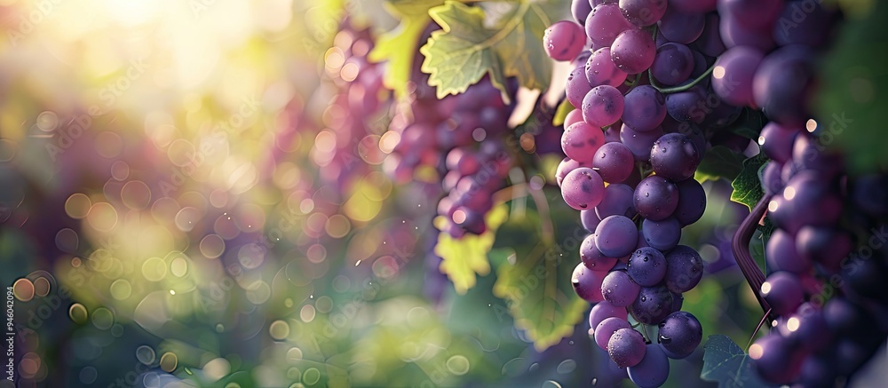 Wall mural Grapes on a vine in a vineyard Close up of a bunch of purple grapes growing on vines in a vineyard Soft and blurred background A photo featuring a very shallow depth of field. Copy space image