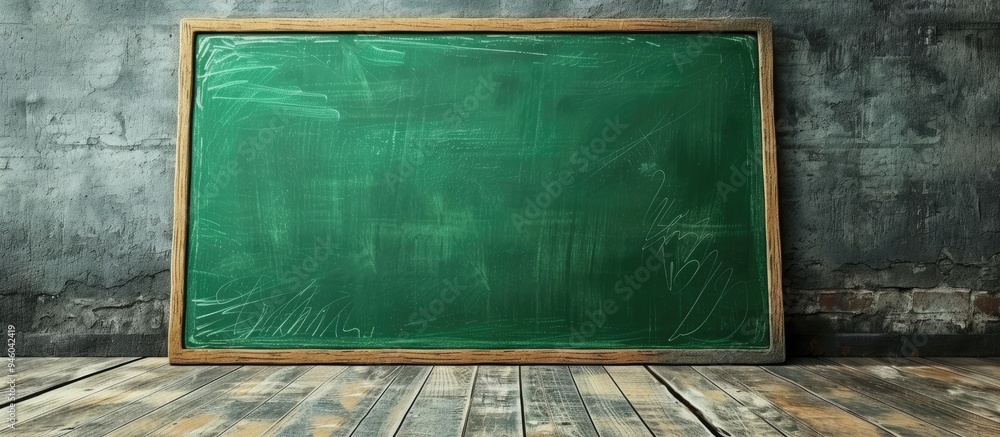 Aufkleber back to school empty green chalkboard and chalk. copy space image. place for adding text and design