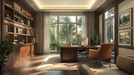 Spacious Home Office with Large Windows and Wooden Desk