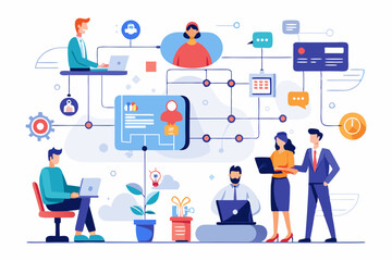 Office workflow diagram, working process, organization chart or corporate flowchart, task management, innovation working with AI artificial intelligence concept, business people on office workflow
