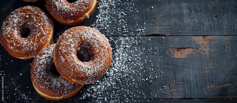 Poster close up of donuts with icing a top view of chocolate donuts dusted with icing sugar on a black wood
