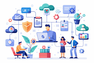 Office workflow diagram, working process, organization chart or corporate flowchart, task management, innovation working with AI artificial intelligence concept, business people on office workflow
