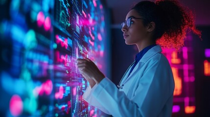 Female Doctor Analyzing Data on Interactive Screen