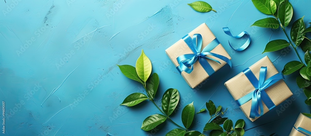 Poster two gift boxes adorned with blue ribbons rest on a blue background alongside green leaves. copy spac