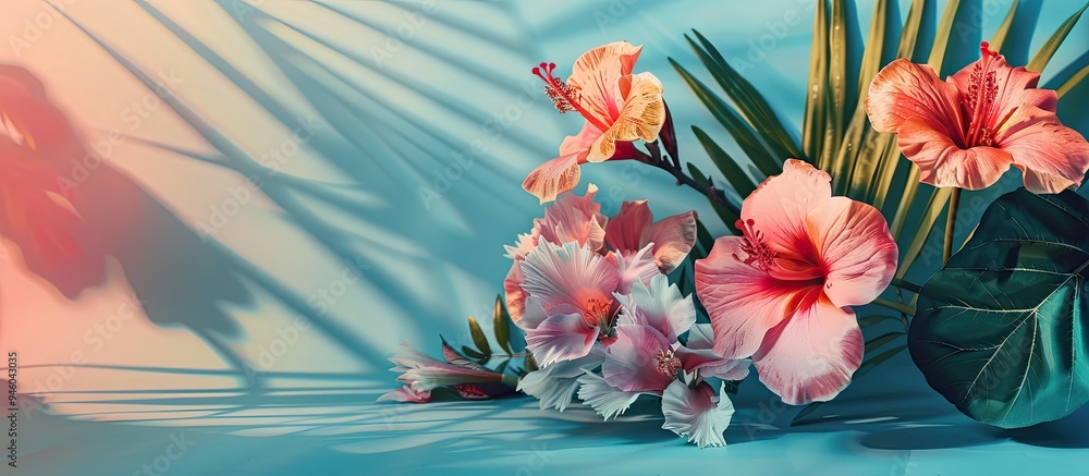 Poster arrangement of flowers and leaves on a colored background. copy space image. place for adding text a