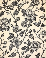 Fototapeta premium 19th century engraved floral textile pattern featuring intricate roses and vines