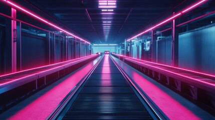 Futuristic Neon Pink and Blue Corridor with Conveyor Belt