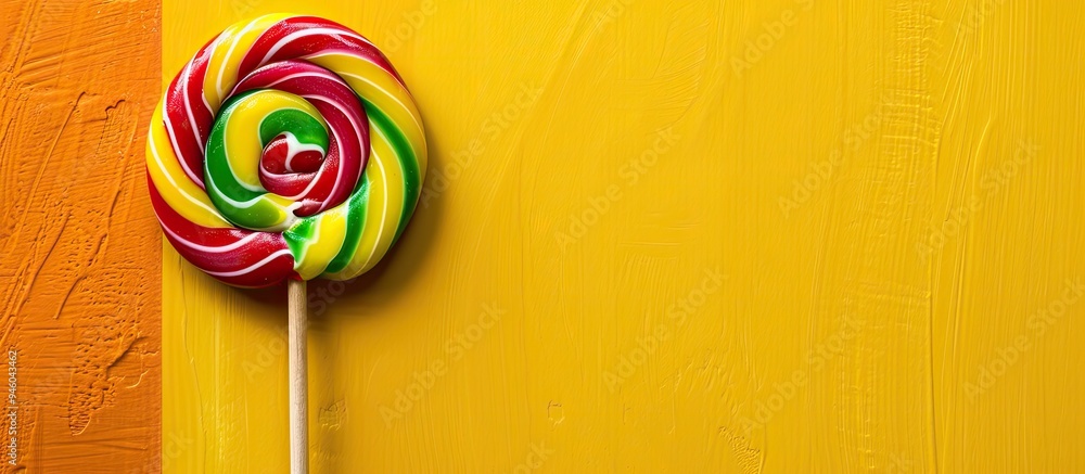 Poster top view of a tasty multicolored swirl lollipop on a wooden stick set against a yellow background. c